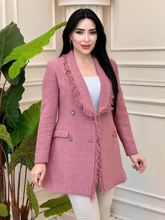 Çİft Düğme Saçaklı Örme Ceket 0329 t-24 Pudra