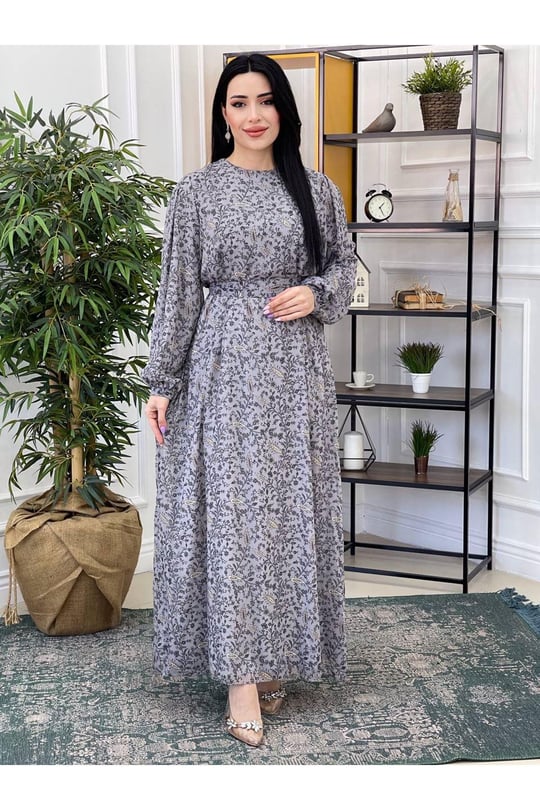 Çini Desen Şifon Elbise 3073 Gri