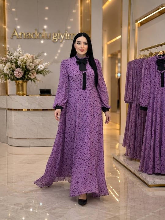 Çıtır Çiçek Fiyonklu Şifon Elbise 7048 T-26 Lila