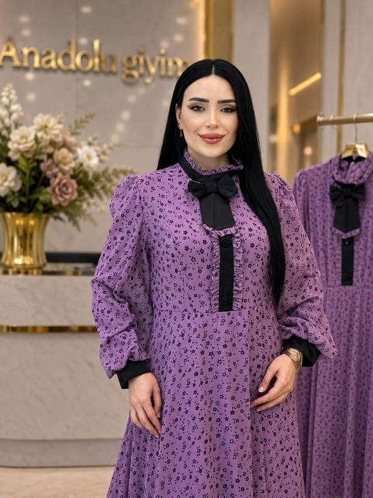 Çıtır Çiçek Fiyonklu Şifon Elbise 7048 T-26 Lila