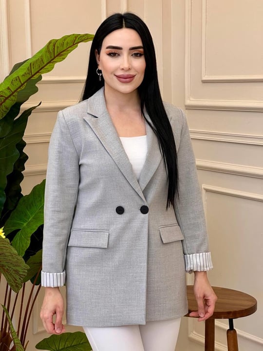 Çizgi Astar İki Düğme Tek Ceket 5117 t025 Gri