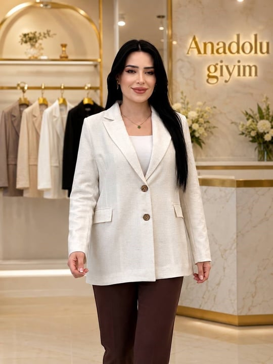 Çizgili Aster Keten Blazer Ceket 140239 T-26 Ekru