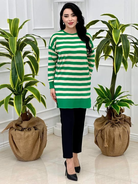 Çizgili Bisiklet Yaka Tunik 140134 T-24 Benetton Yeşili