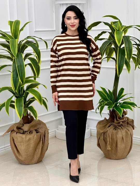 Çizgili Bisiklet Yaka Tunik 140134 T-24 Kahverengi