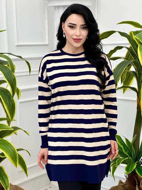 Çizgili Bisiklet Yaka Tunik 140134 T-24 Lacivert