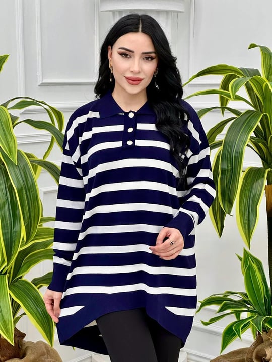 Çizğili Gömlek Yaka Tunik 14855 Lacivert