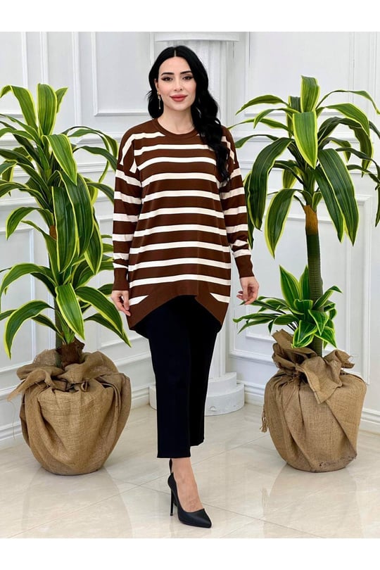 Çizğili Oversize Tunik 14854-Kahverengi