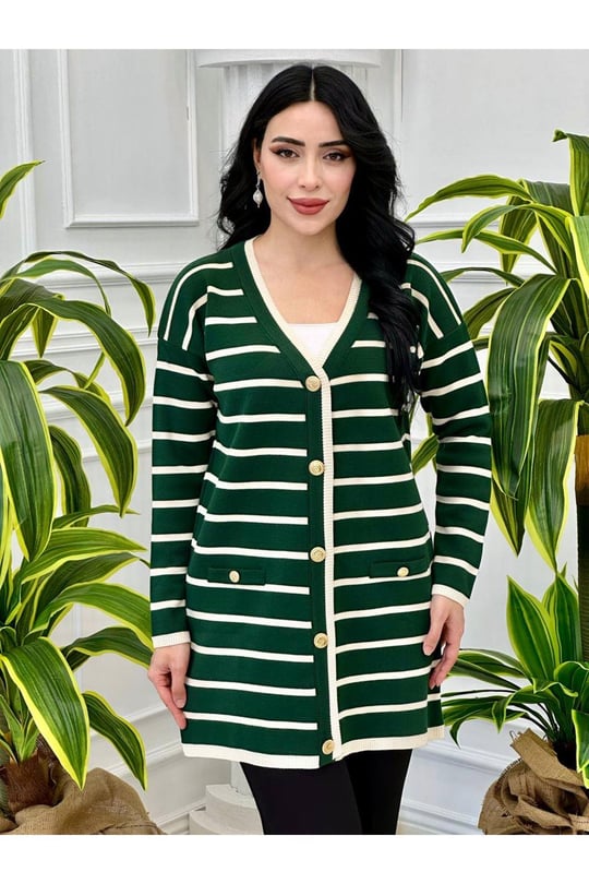 Çizğili Spor Hırka 40868-Yeşil