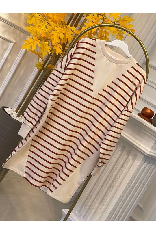 Çizgili Sweat Tunik 10375-Kiremit