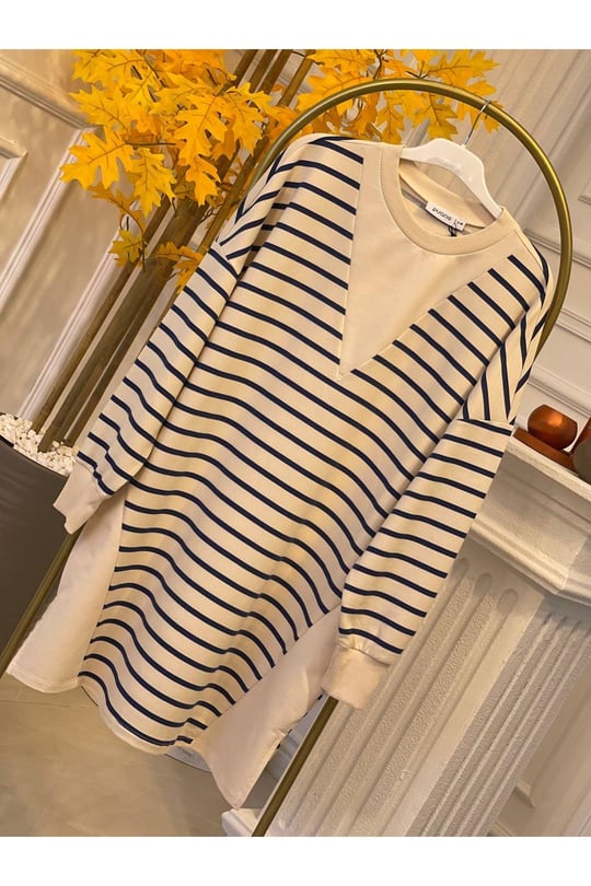 Çizgili Sweat Tunik 10375-Mavi