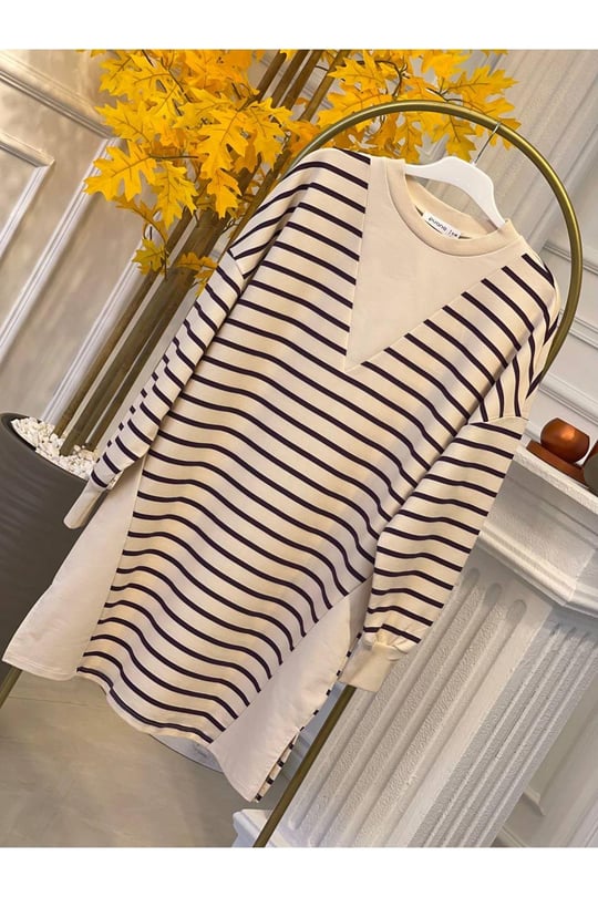 Çizgili Sweat Tunik 10375-Mor