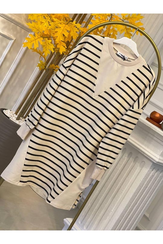 Çizgili Sweat Tunik 10375-Siyah