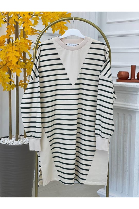 Çizgili Sweat Tunik 10375-Yeşil