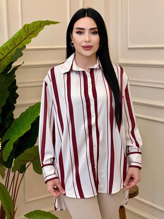 Çizgli Saten Tunik 1189 t025 Bordo