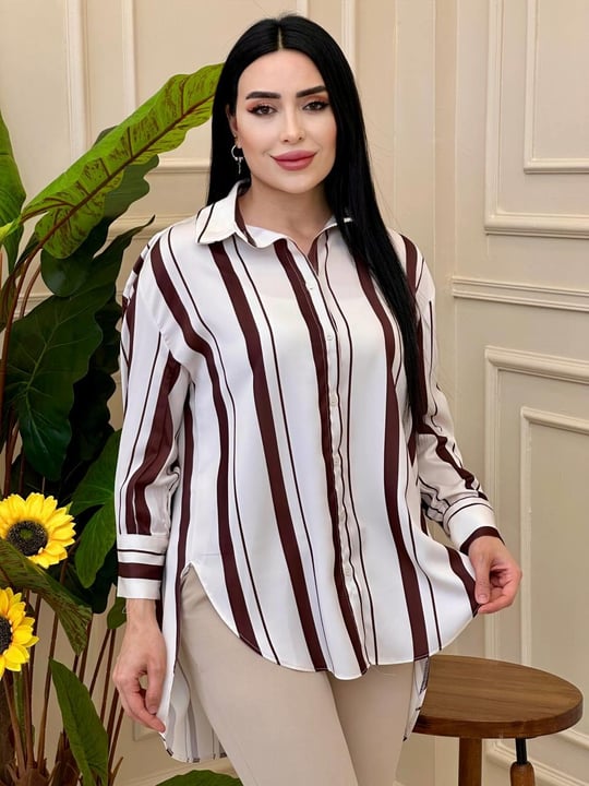Çizgli Saten Tunik 1189 t025 Kahverengi