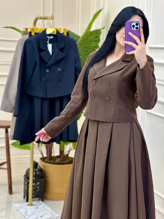 Crop Ceket Etekli Takım 20635 t-25 Kahverengi
