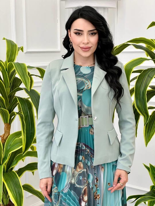 Daire Desen Ceketli Şifon Elbise 204 T-24 Mint yeşili
