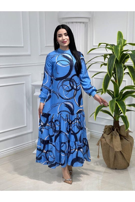 Daire Desen Şifon Elbise 12458 Mavi