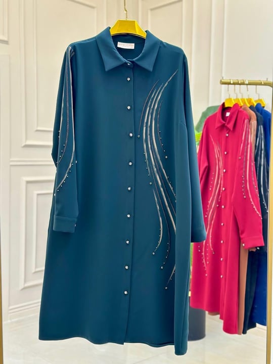 Dalga Desen Düğmeli Tunik 1014 T-025 Zümrüt Yeşil