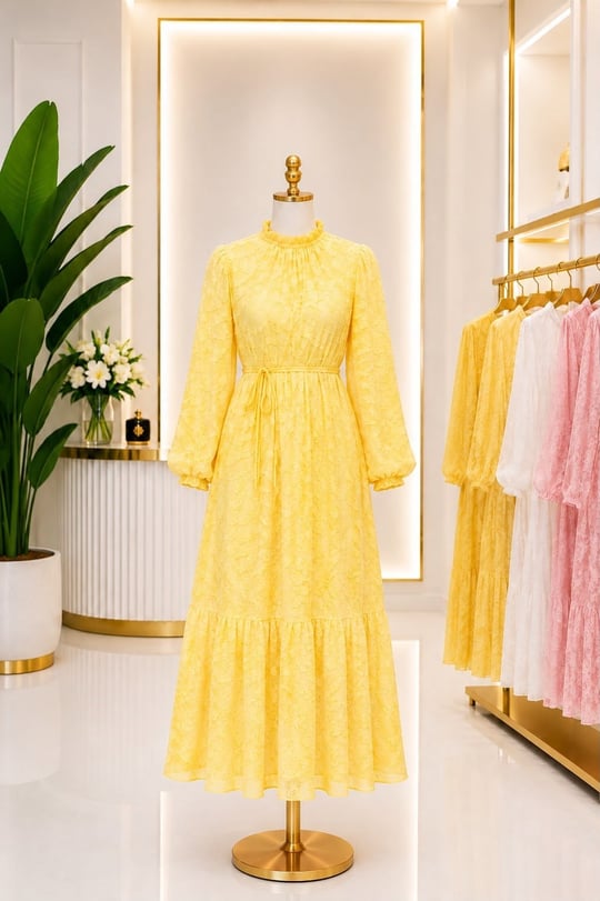 Dalga Desen Jile Bezi Yaz Elbisesi 260178  T-26 Sarı