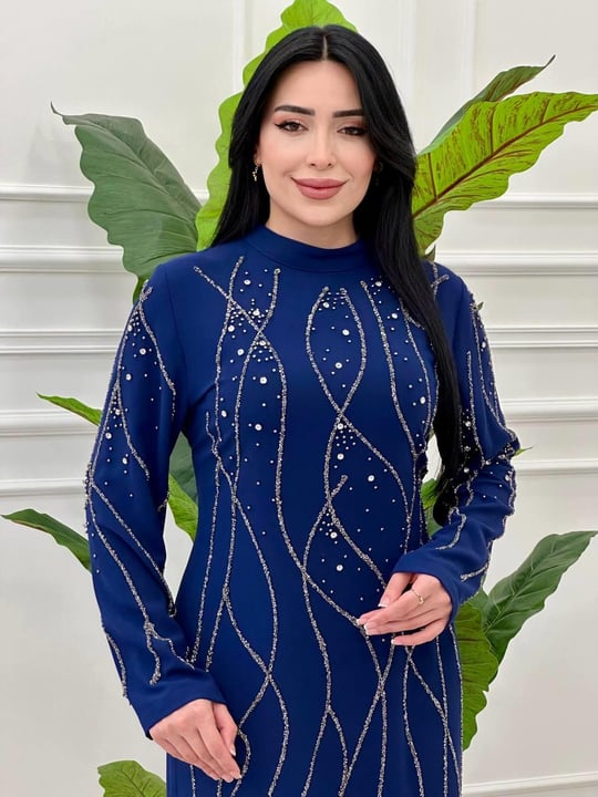 Dalga Taş İşleme Krep Elbise 998 e-25 Saks