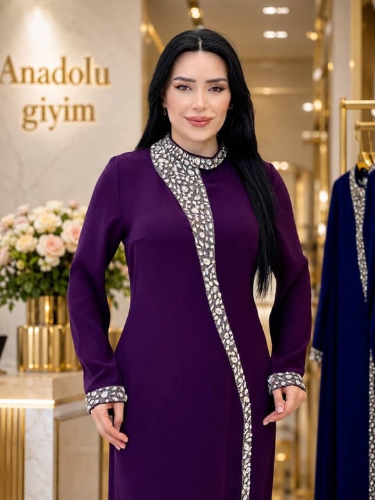 Damla Taş İşleme Krep Elbise 3002 e-25 Mor