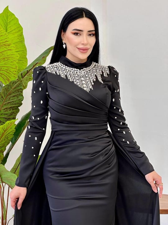 Damla Taş İşleme Saten Abiye 25112 Siyah