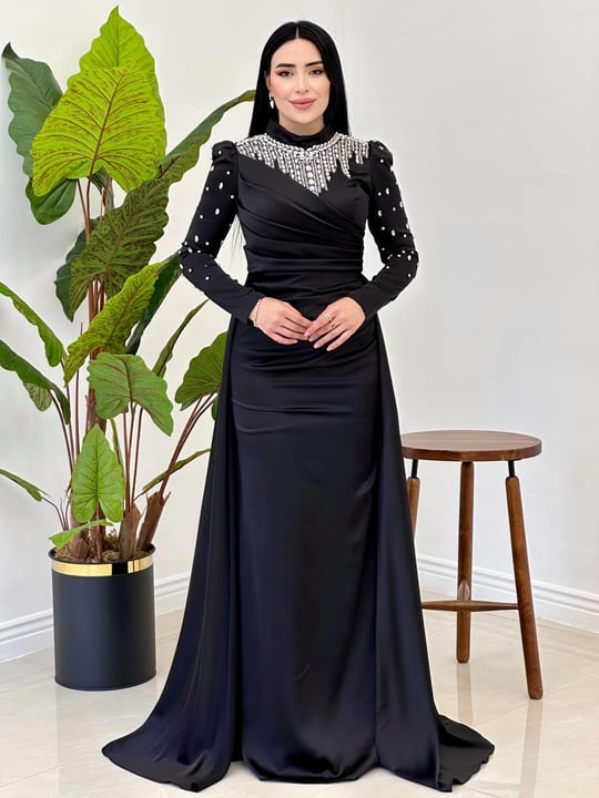 Damla Taş İşleme Saten Abiye 25112 Siyah