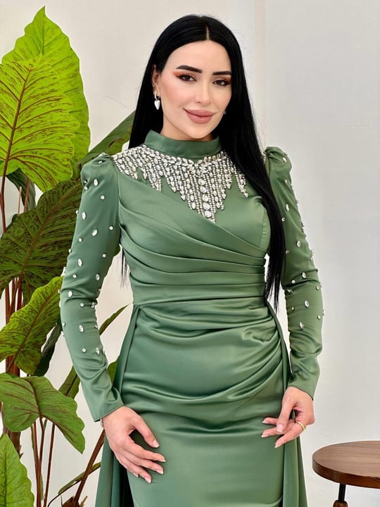 Damla Taş İşleme Saten Abiye 25112 Yeşil