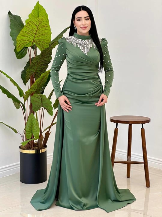 Damla Taş İşleme Saten Abiye 25112 Yeşil