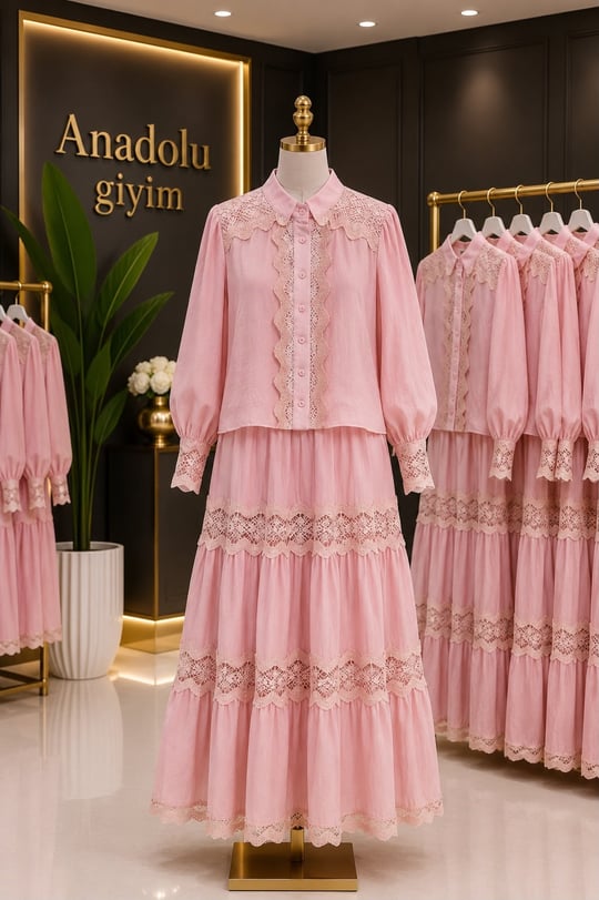 Dantel Şerit Etekli Takım 9059 T-26 pembe
