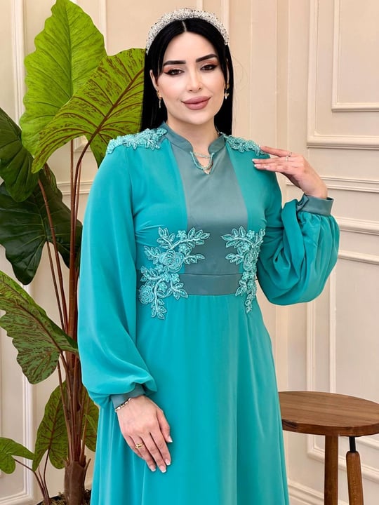 Dantelli Şifon Elbise 7032 e025 Mint yeşili