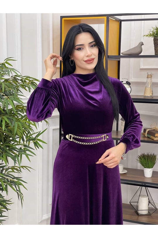 Degaje Yaka Kadife Elbise 3694 Mor