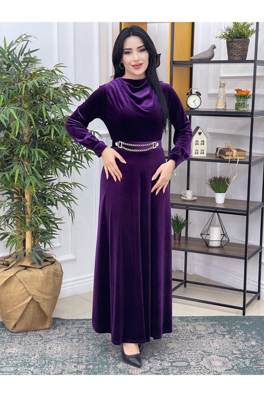 Degaje Yaka Kadife Elbise 3694 Mor