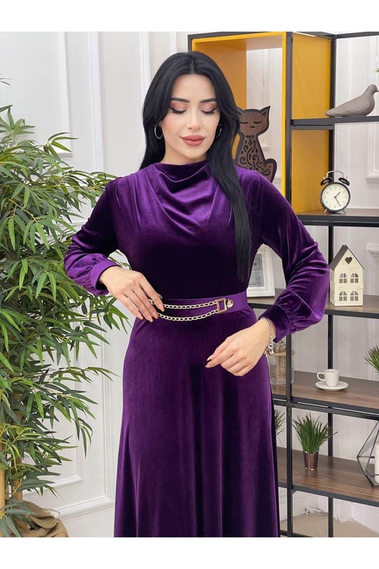 Degaje Yaka Kadife Elbise 3694 Mor