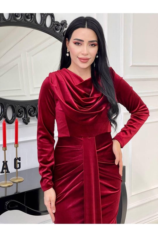 Degaje Yaka Kadife Elbise 4247 Bordo