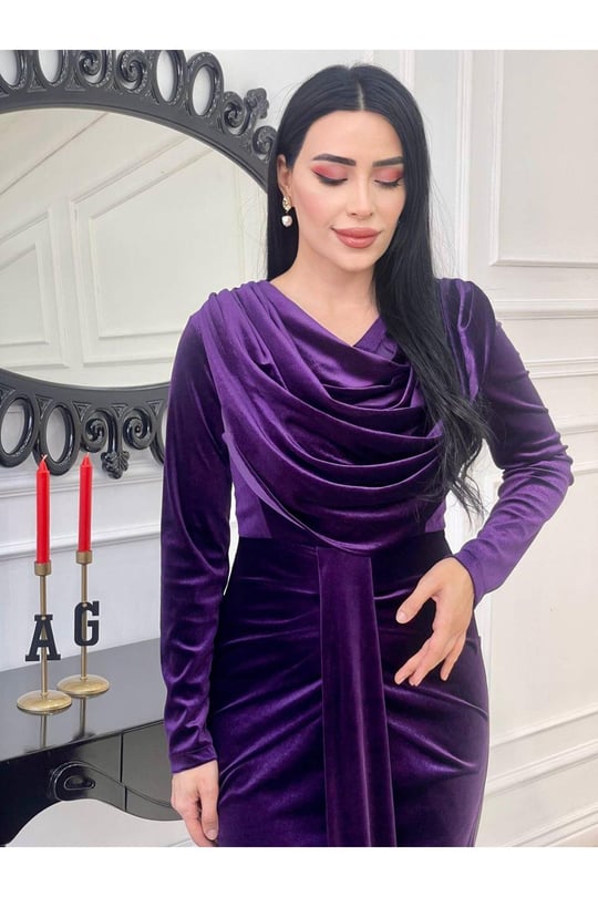 Degaje Yaka Kadife Elbise 4247 Mor