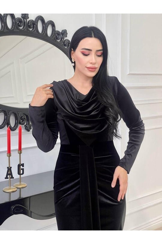Degaje Yaka Kadife Elbise 4247 Siyah