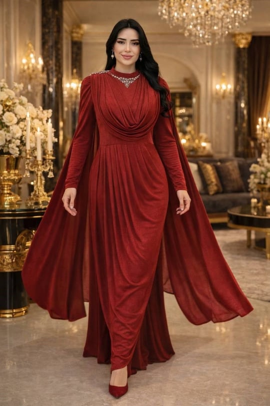 Degaje Yaka Pelerinli Abiye 133 T-26 Bordo