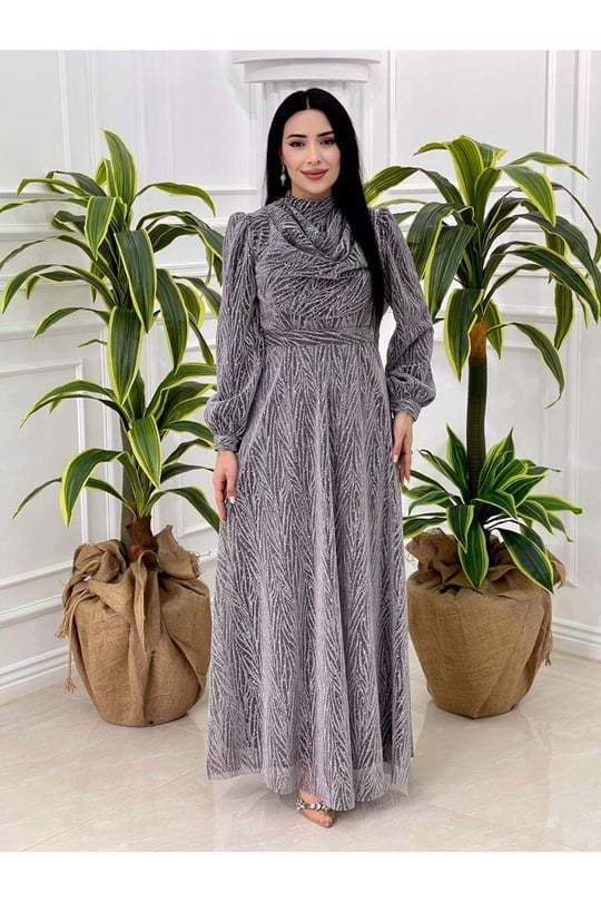 Degajeli Şifon Elbise 4065 Gri