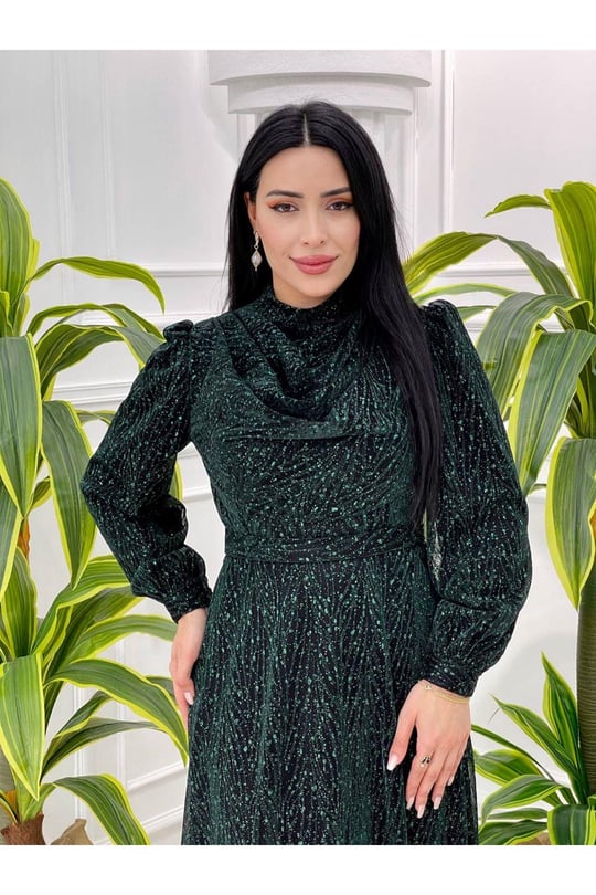 Degajeli Şifon Elbise 4065 Yeşil