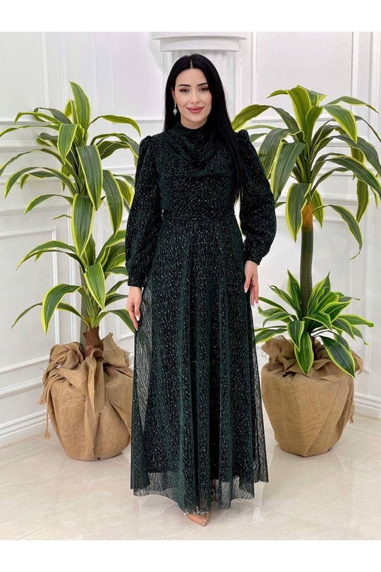 Degajeli Şifon Elbise 4065 Yeşil