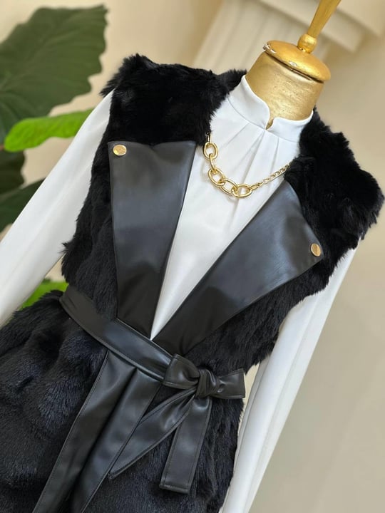 Deri Detay Angora Yelek 9015 T-25 Siyah