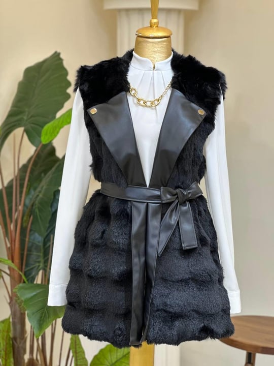 Deri Detay Angora Yelek 9015 T-25 Siyah