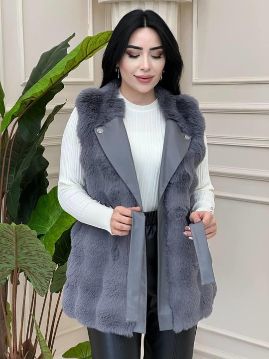 Deri Detay Kürk Yelek 9015 t-21 Gri