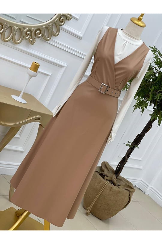 Deri Jile Elbise 8084 Camel