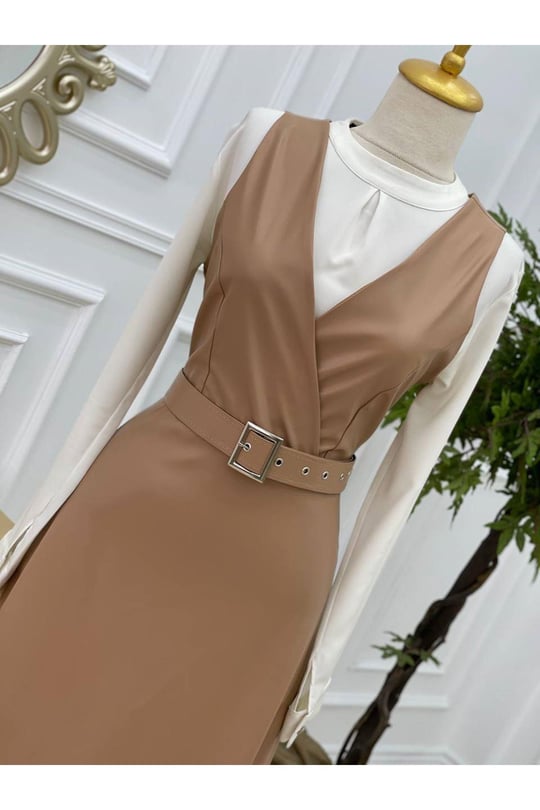 Deri Jile Elbise 8084 Camel
