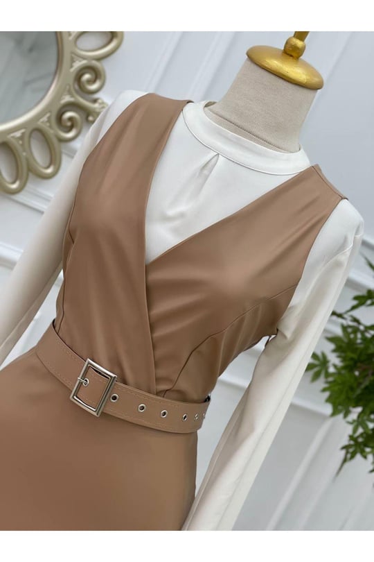 Deri Jile Elbise 8084 Camel