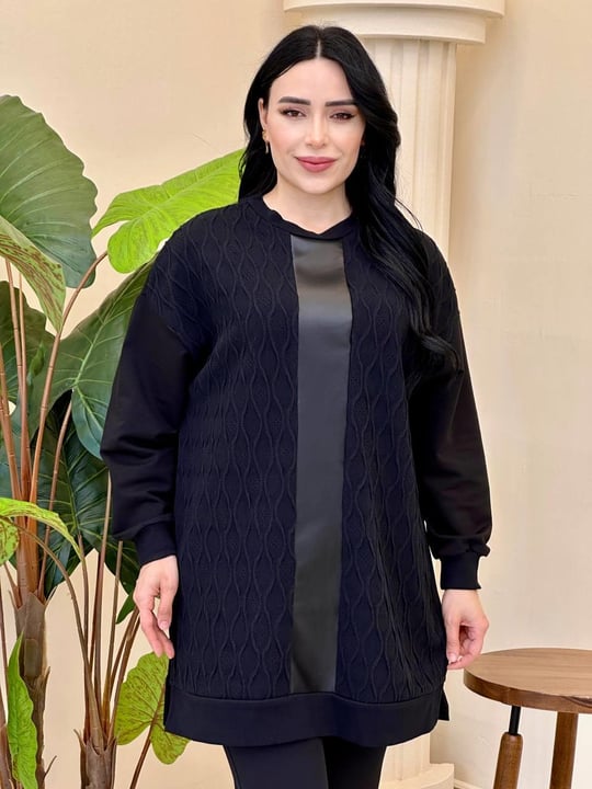 Deri Şerit Geçişli Spor Tunik 10755 T-25 Siyah