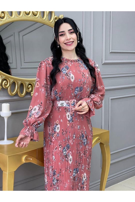 Desenli Bürümçük Elbise 3342 Taba